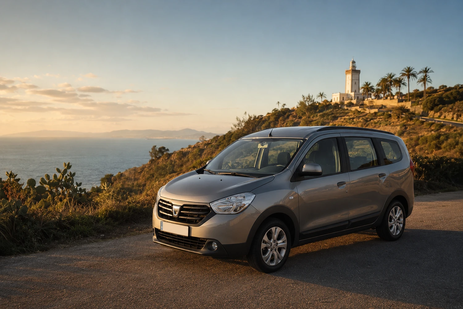 Dacia Lodgy manuelle de location sur une route vers Cap Spartel à Tanger