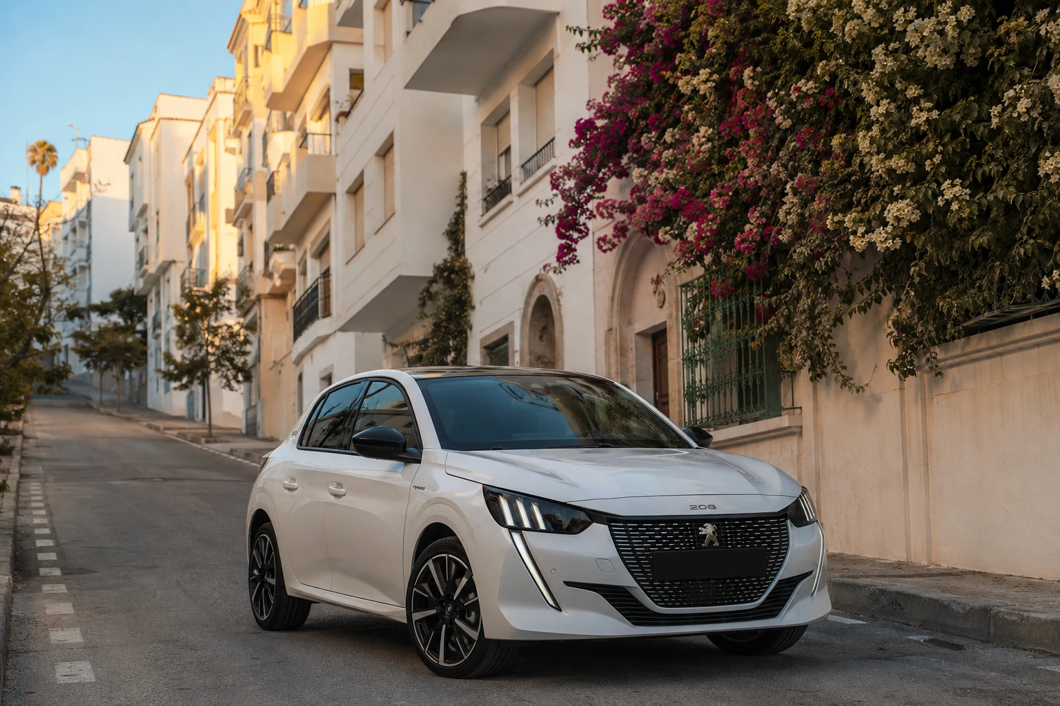 Peugeot 208 hybride de location dans le quartier Iberia à Tanger