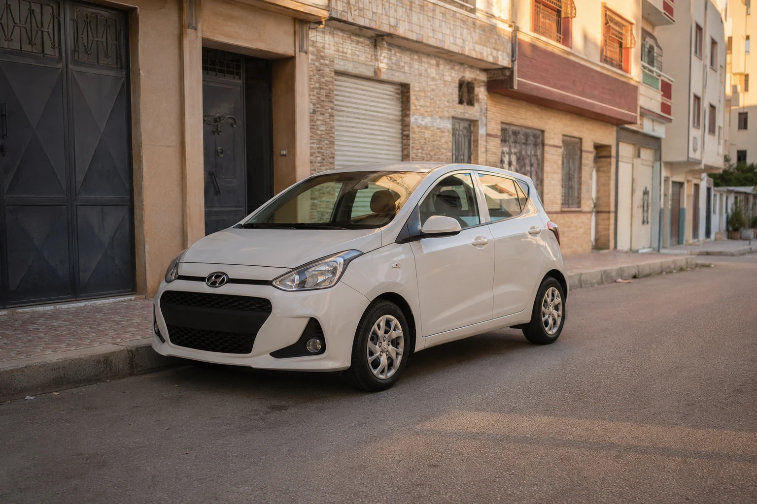 Hyundai i10 automatique de location dans un quartier résidentiel de Ben Touzine à Tanger