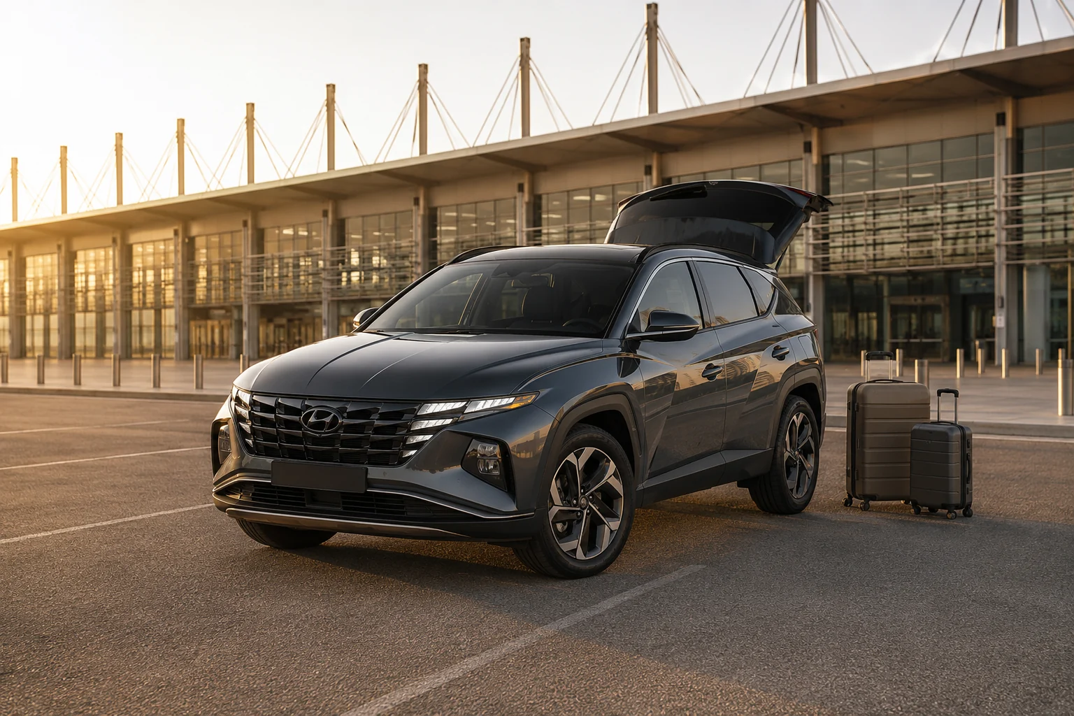 Hyundai Tucson avec bagages prêt pour une location à l’aéroport Tanger Ibn Battouta