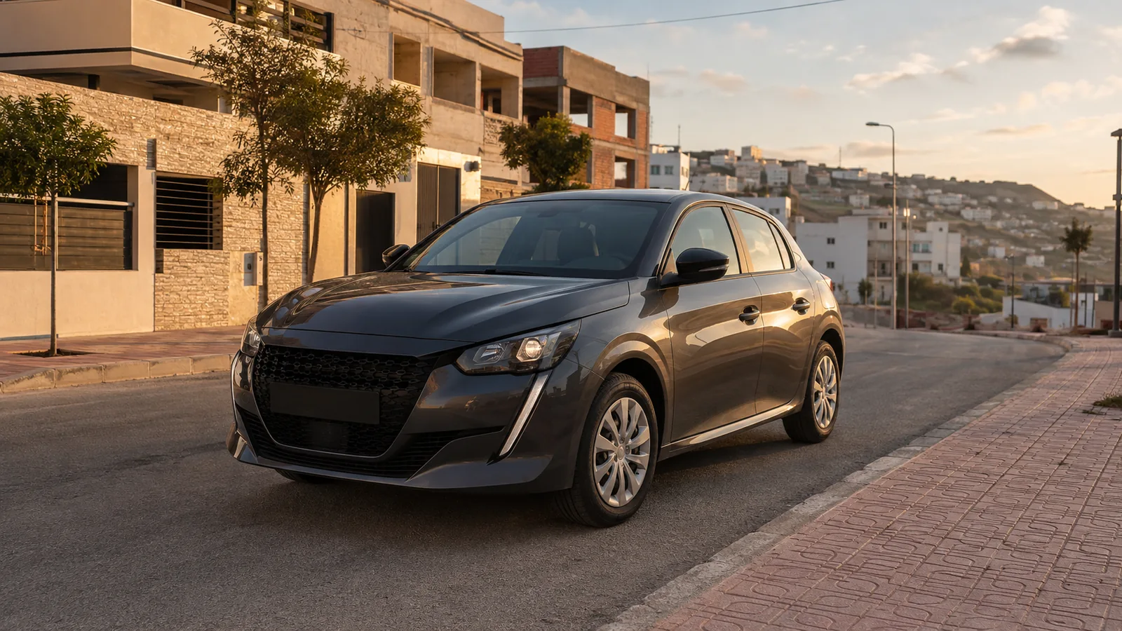 Voiture de location livrée dans un secteur résidentiel d’Aharrarine à Tanger
