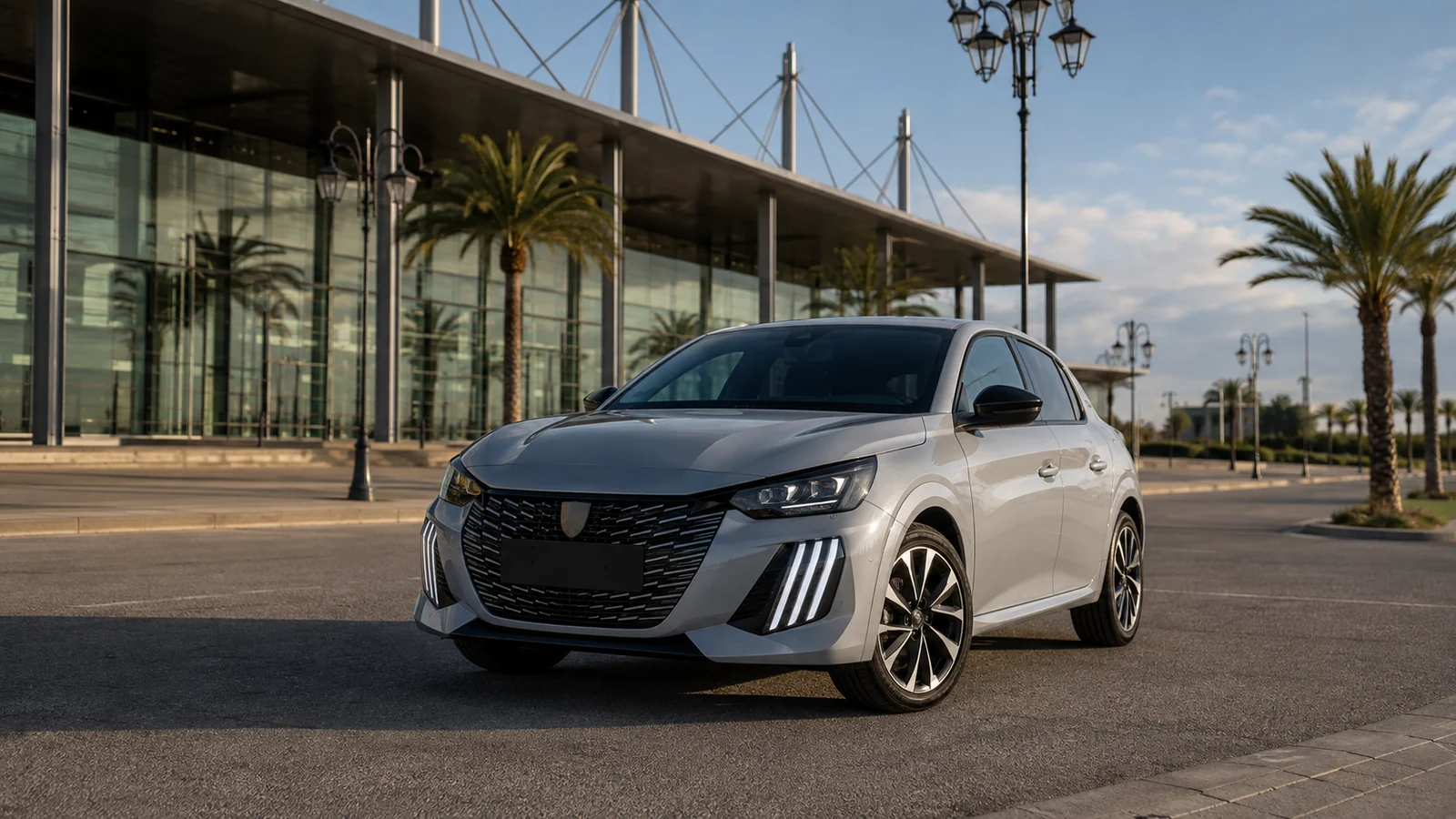 Peugeot 208 hybride de location sur l’axe entre Badriouyene et l’aéroport Tanger Ibn Battouta