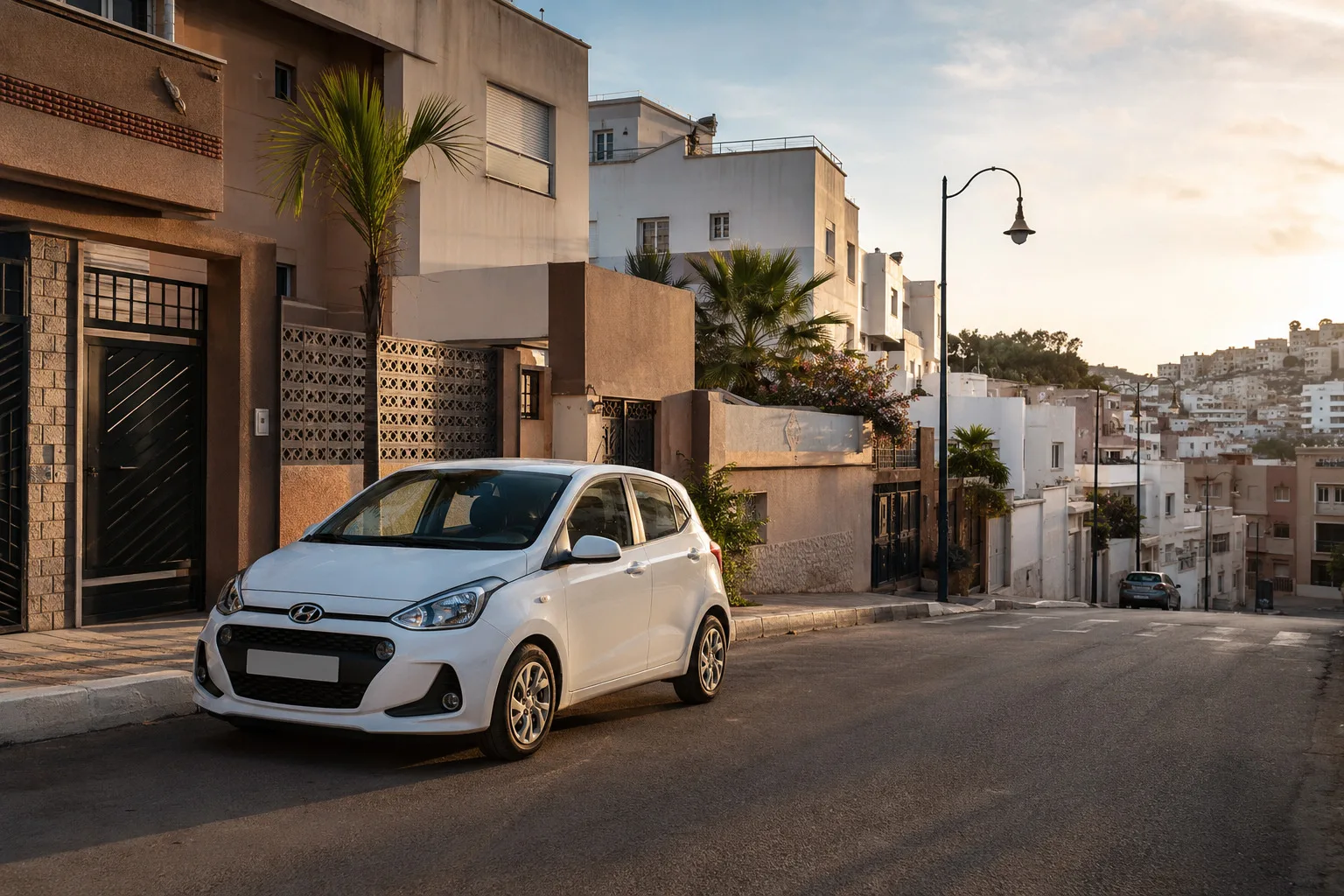 Hyundai i10 automatique de location dans une rue résidentielle de Bni Said à Tanger