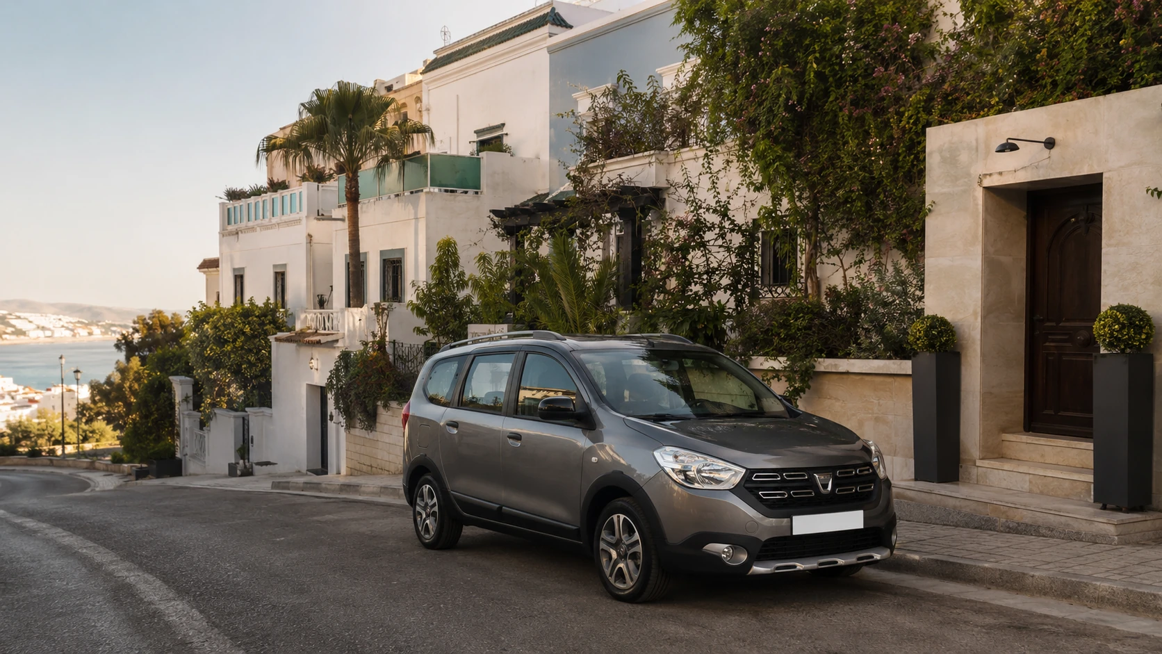 Dacia Lodgy de location livrée devant un hébergement à Marshan Tanger