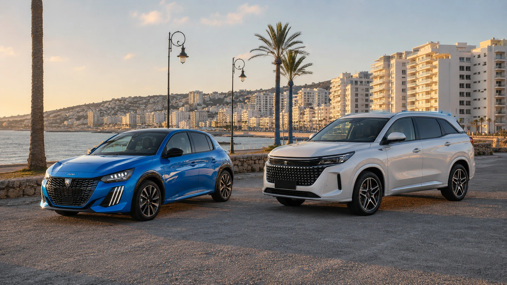 Peugeot 208 et DFSK E5 hybrides de location face à la baie de Tanger