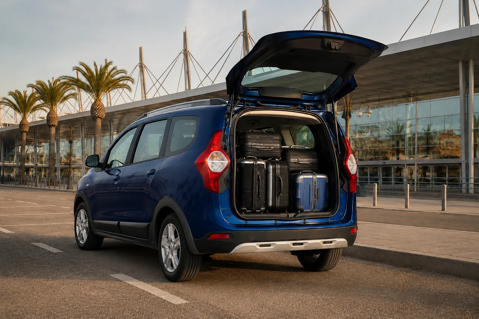 Dacia Lodgy avec coffre chargé de valises pour une location familiale à Tanger