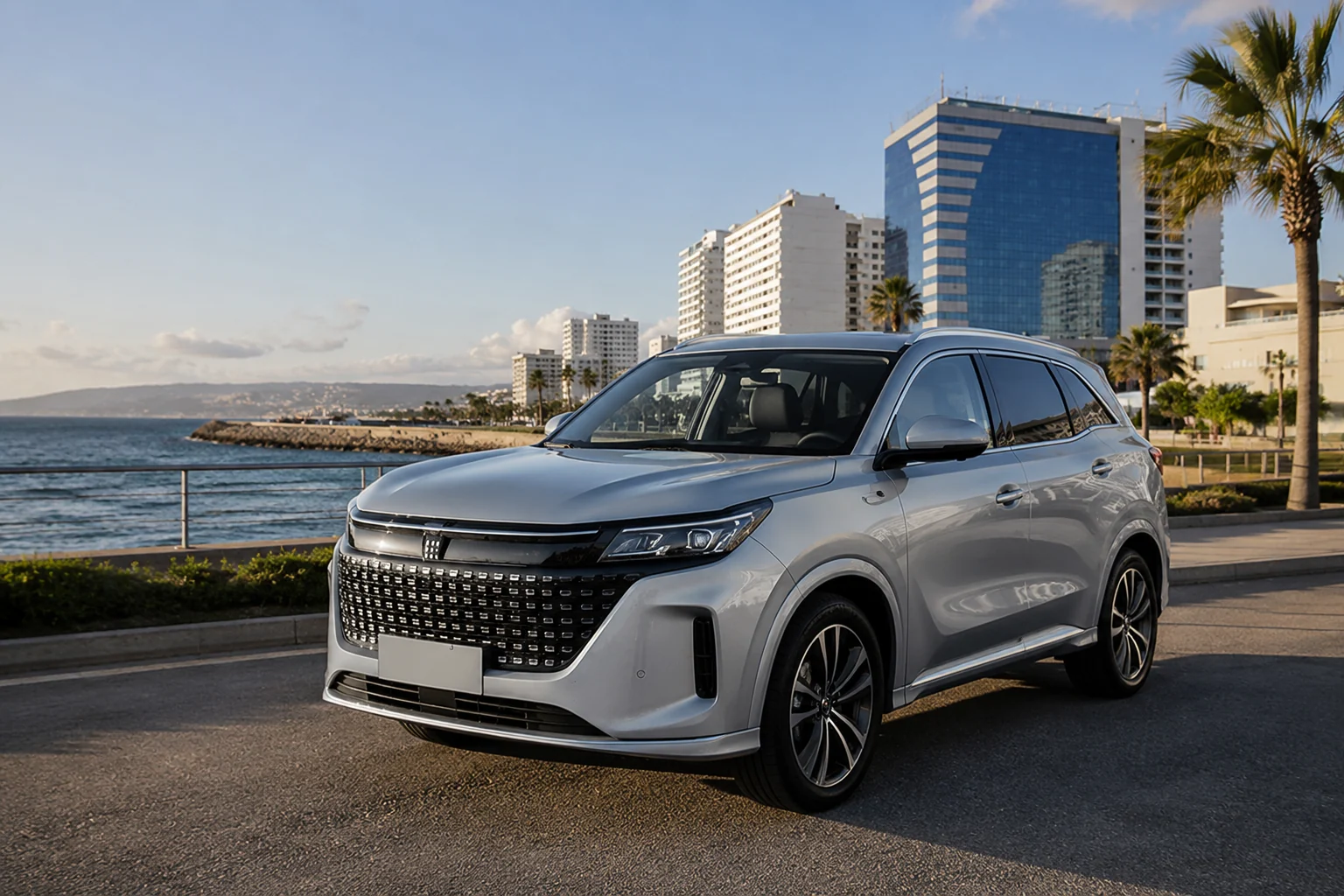 DFSK E5 SUV premium à Malabata avec la baie de Tanger en arrière-plan