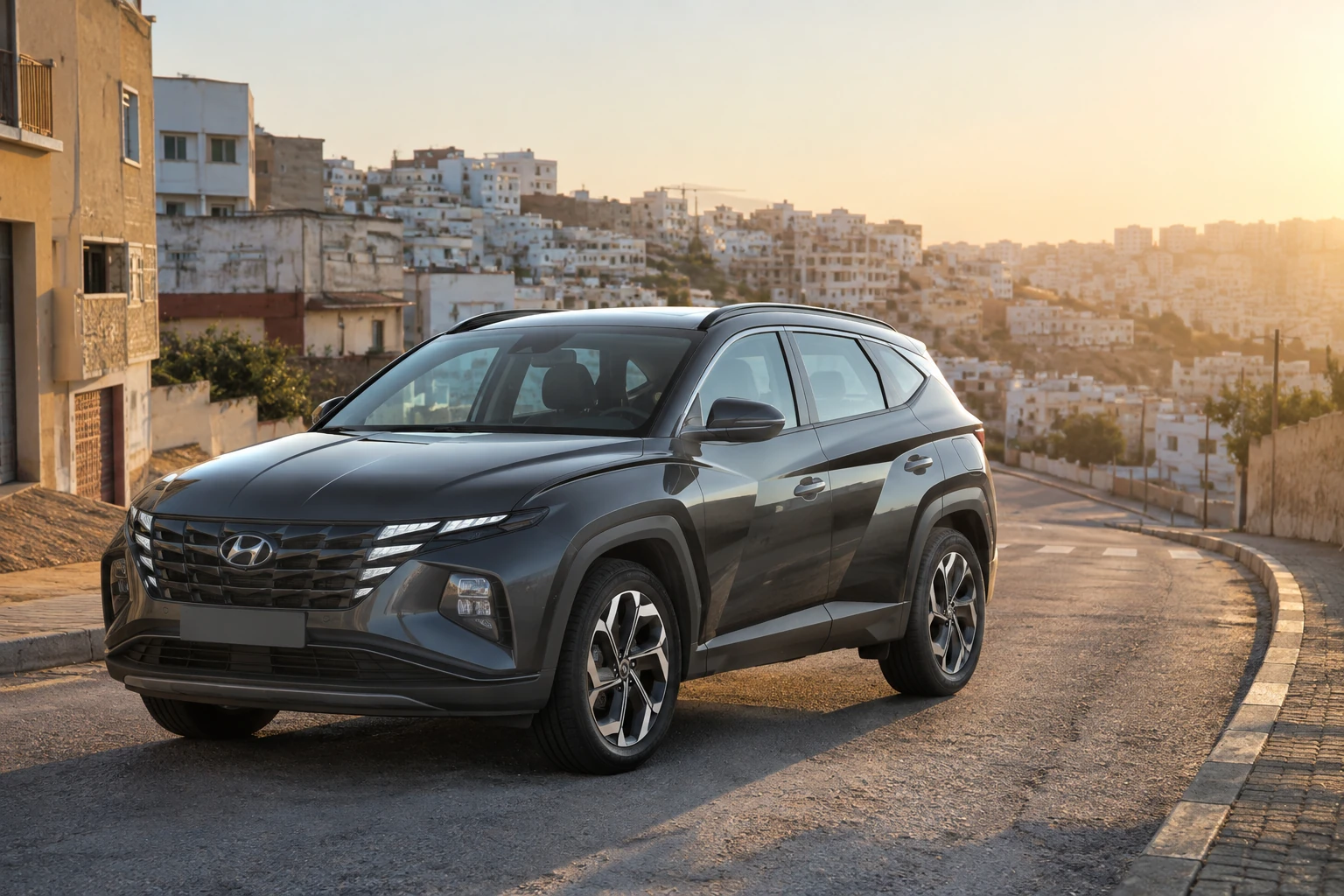 Hyundai Tucson de location sur un axe urbain de Tanger près de Ben Touzine