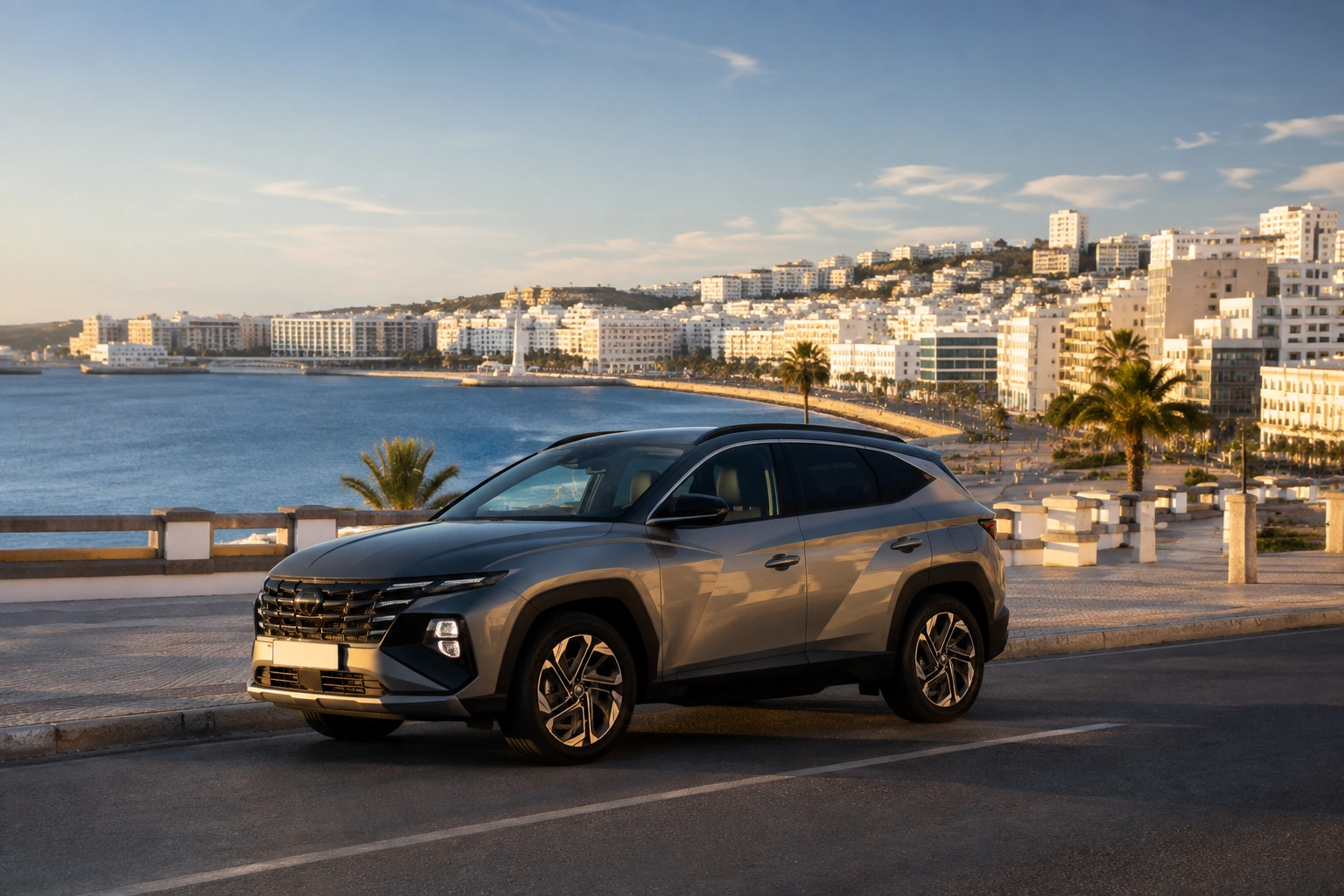 SUV de location à Tanger avec le front de mer en arrière-plan