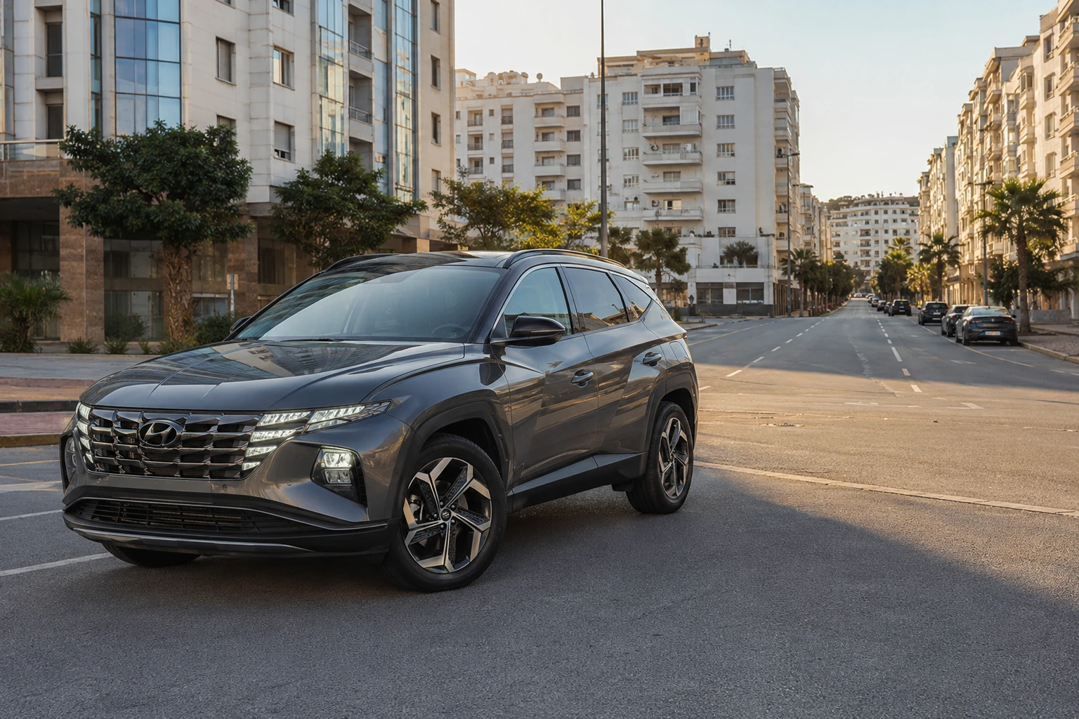 Hyundai Tucson de location sur un axe urbain près de Jirrari à Tanger