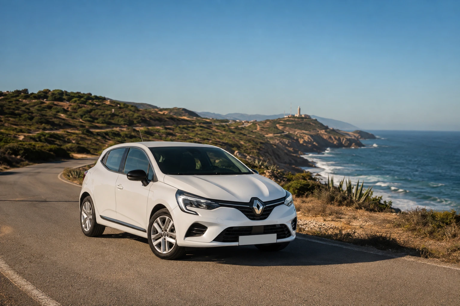 Renault Clio de location sur la route entre Achakar et Cap Spartel à Tanger