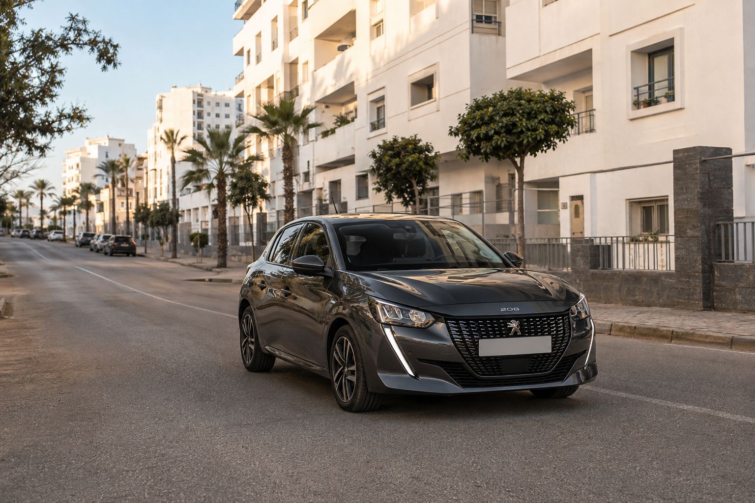 Peugeot 208 de location sur un axe urbain de Tanger au départ de Branes