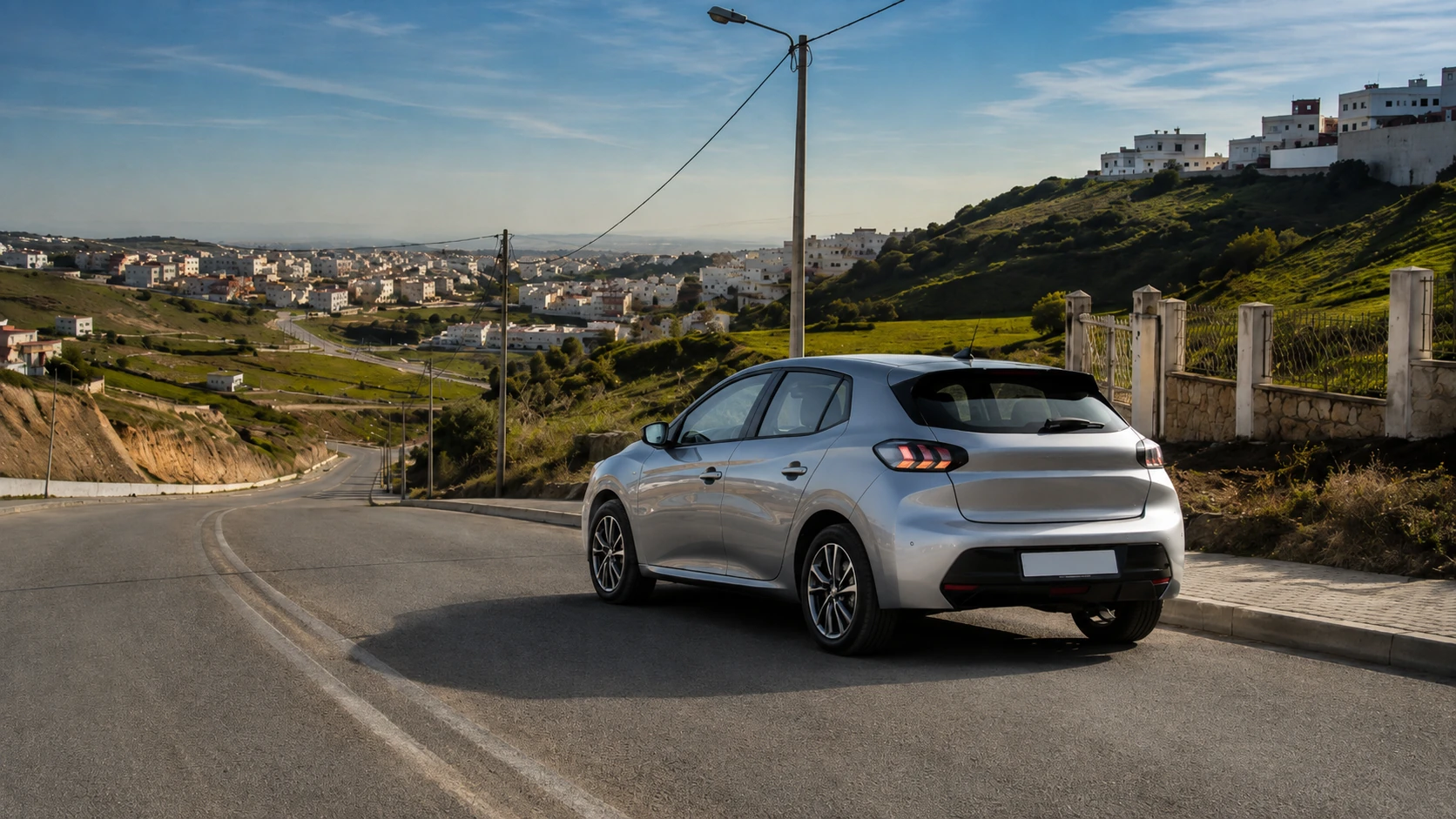 Voiture de location sur un axe reliant la périphérie de Tanger à la ville