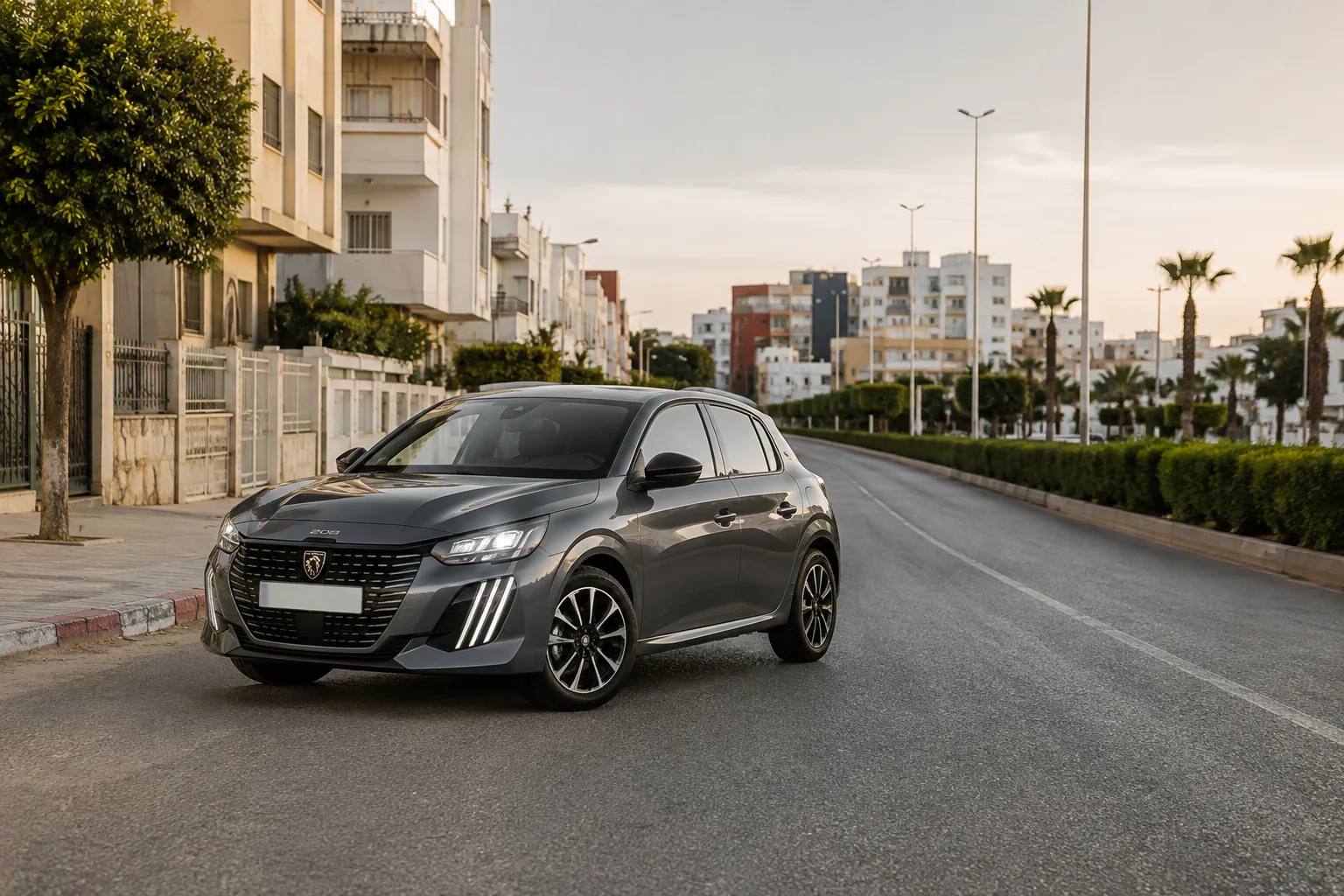 Peugeot 208 automatique de location sur un axe urbain près de Ganboria à Tanger
