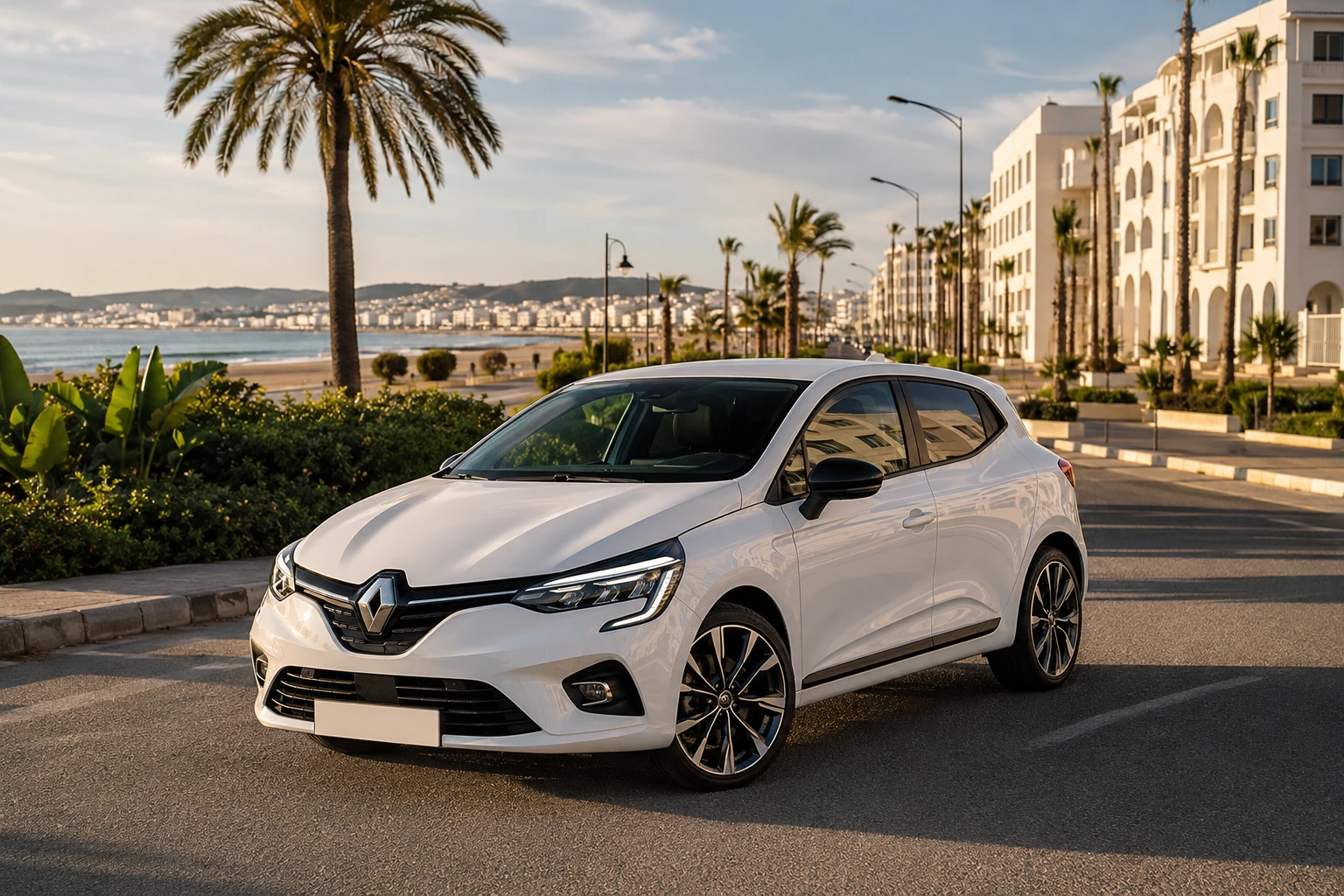 Renault Clio 5 de location près de la Corniche de Tanger accessible depuis Nejma