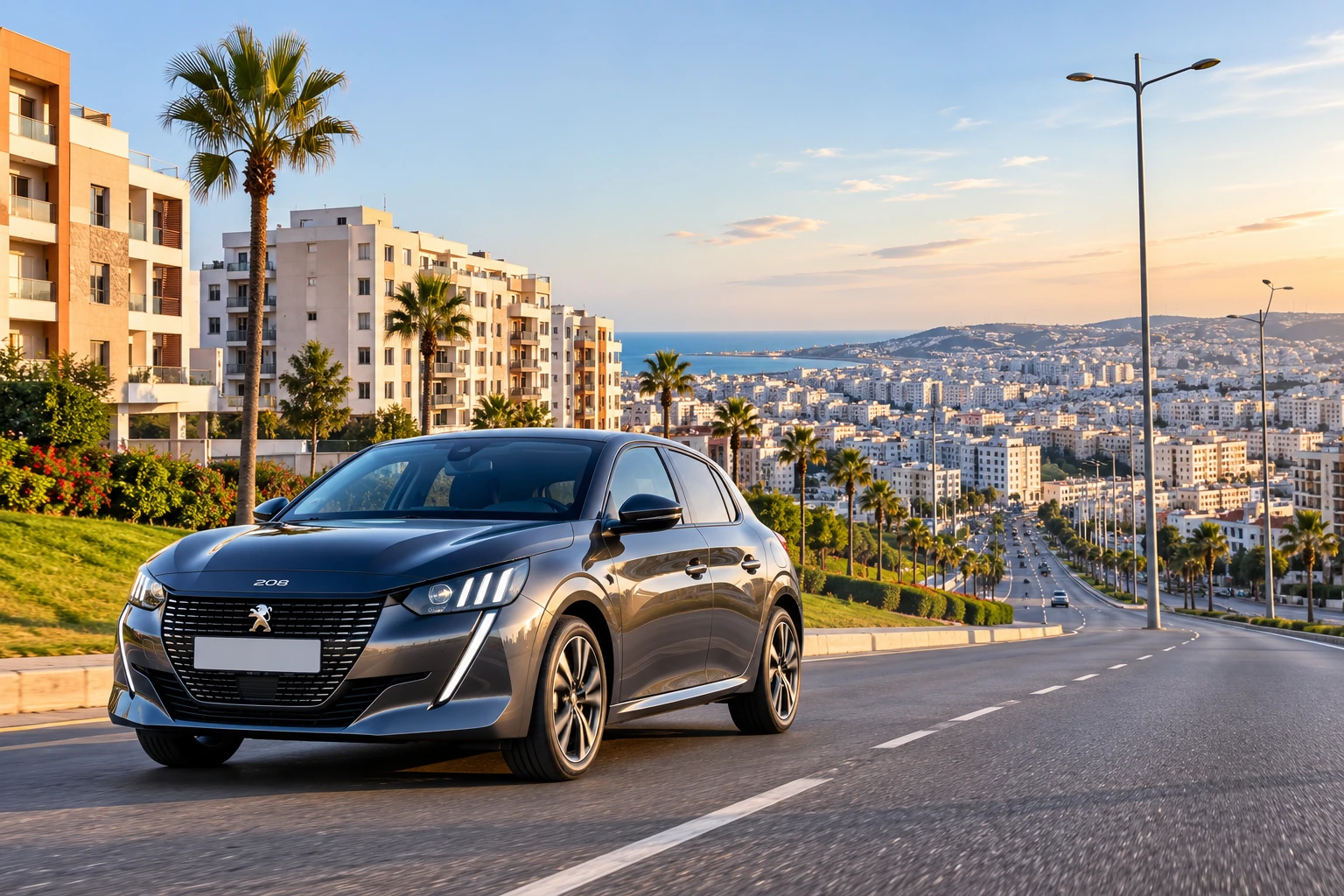 Peugeot 208 de location sur un axe de Tanger pour les déplacements depuis Ahlan