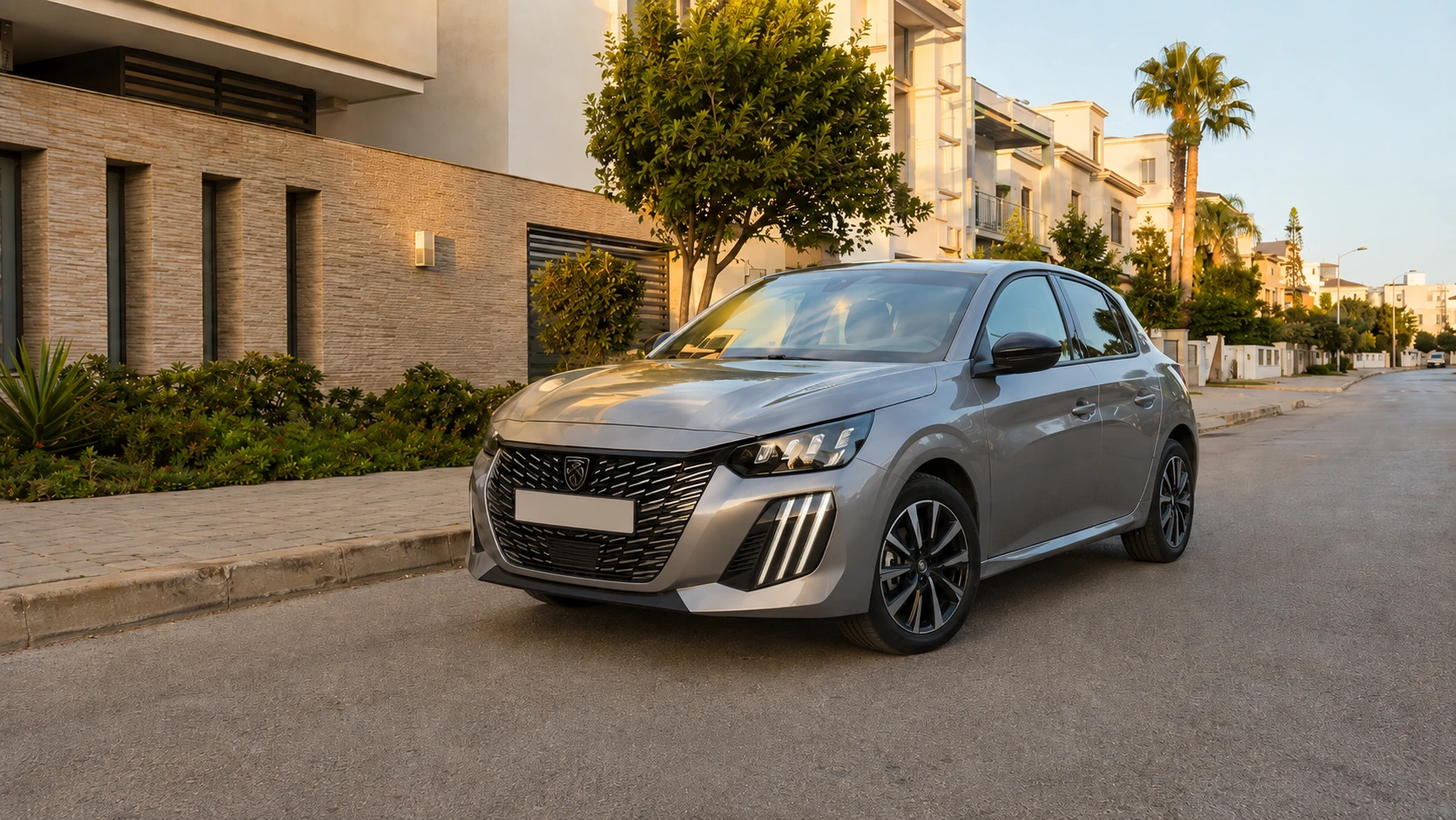 Peugeot 208 hybride dans un environnement résidentiel de Lotissement Al Bohayera à Tanger