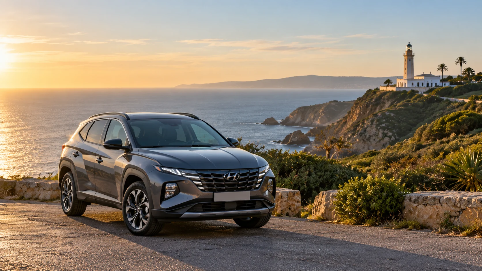 Hyundai Tucson de location dans le paysage côtier de Cap Spartel à Tanger