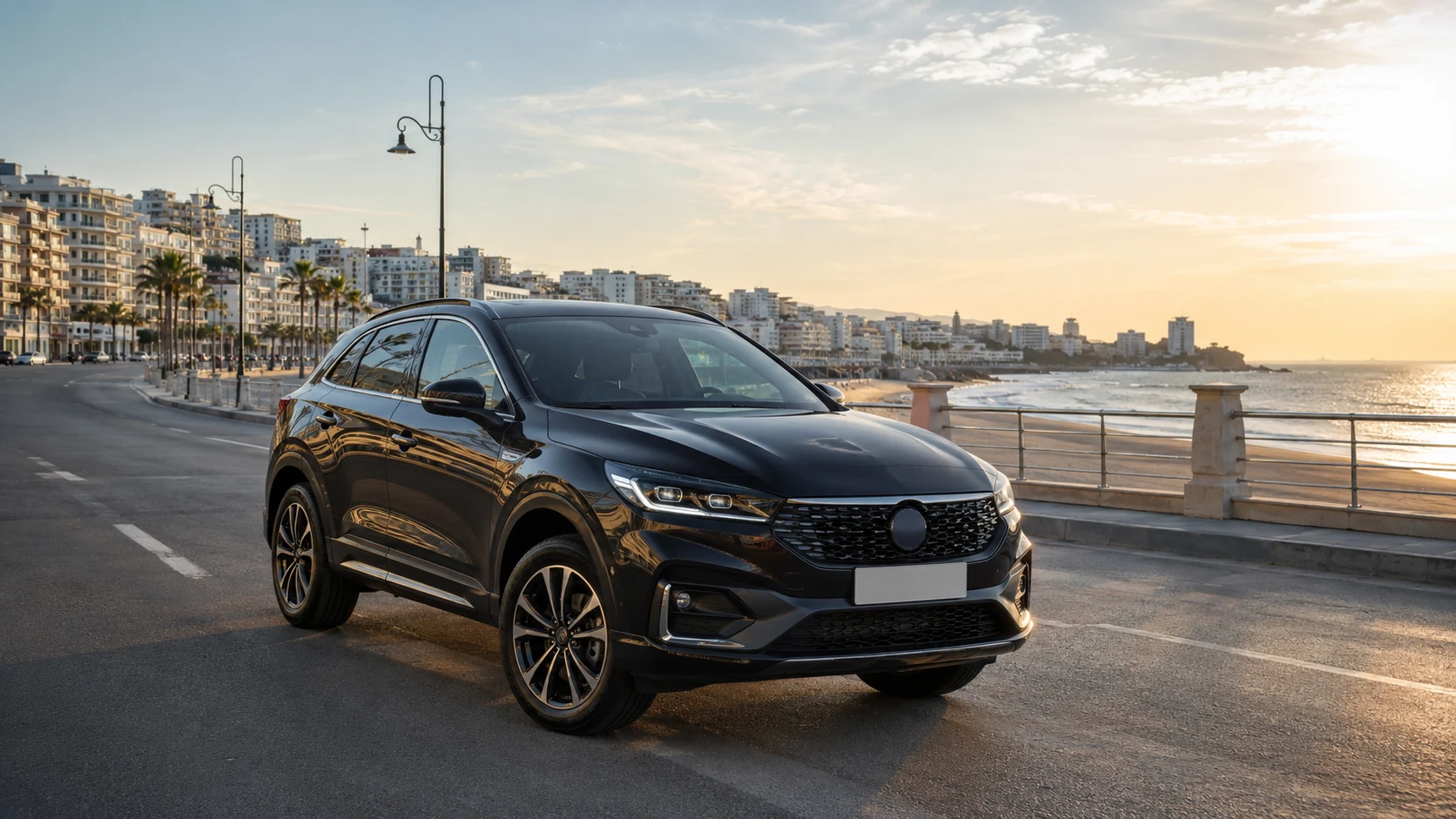 SUV de location sur la corniche de Tanger au coucher du soleil