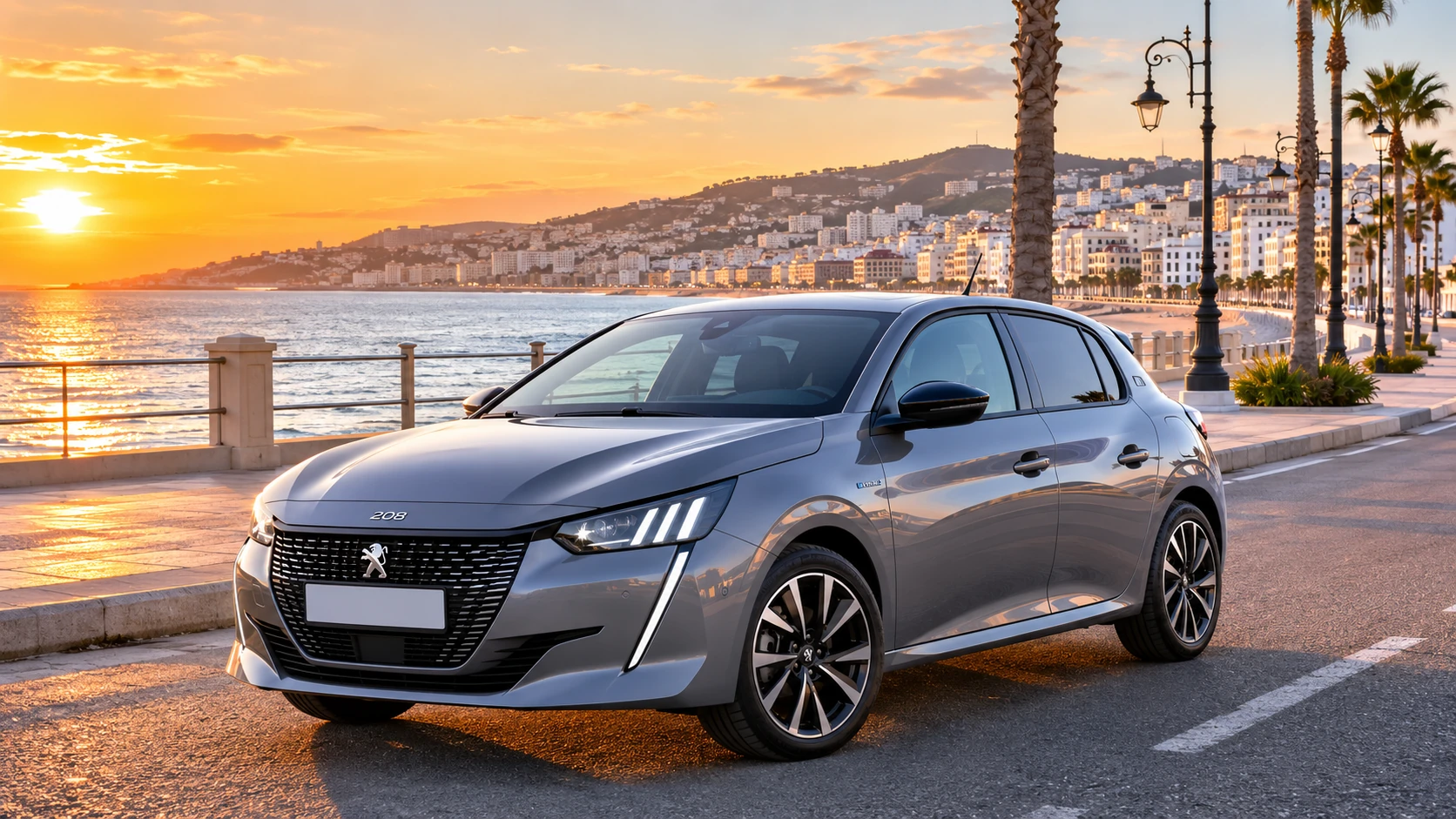 Peugeot 208 hybride de location sur la Corniche de Tanger au coucher du soleil
