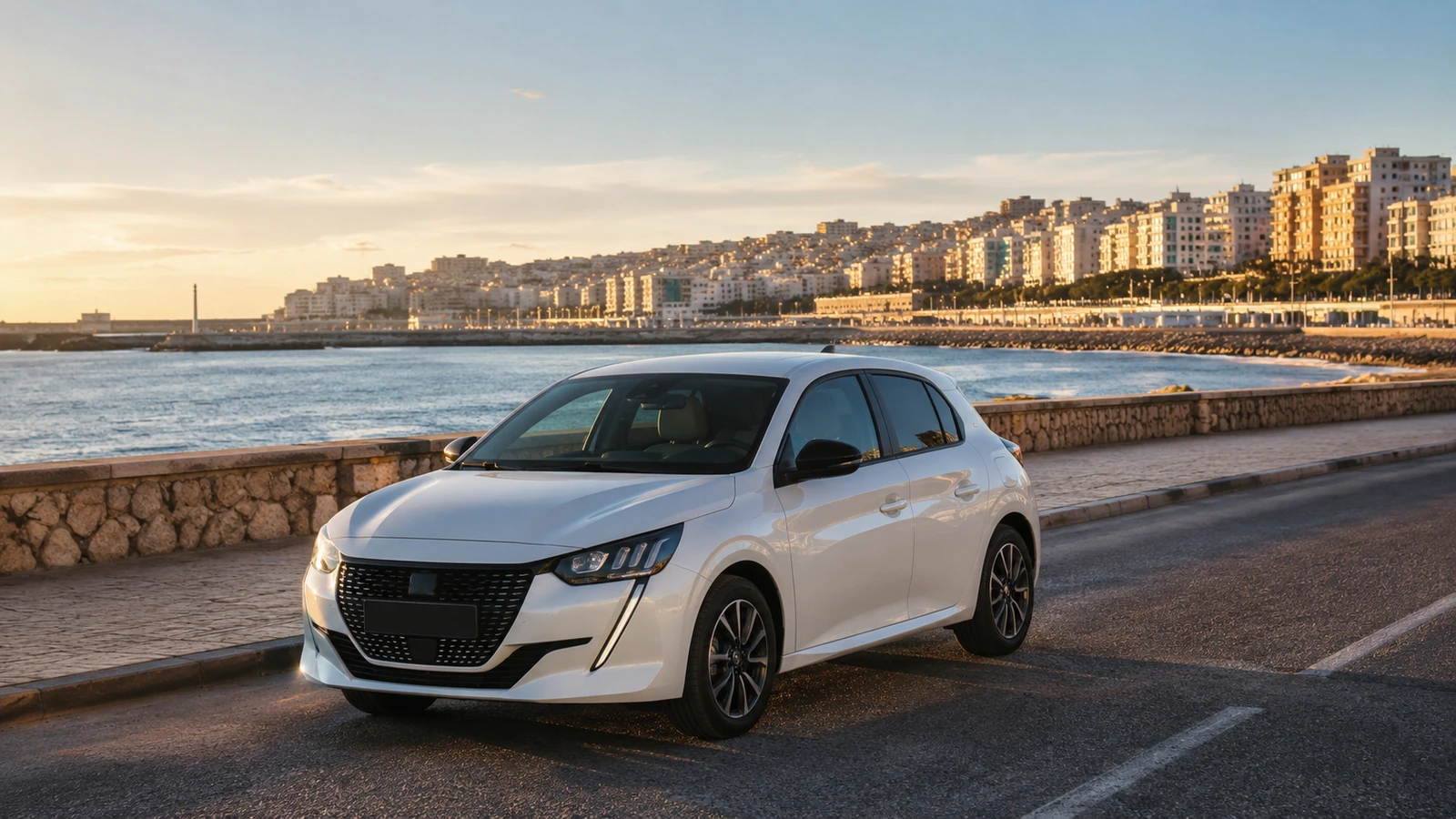 Voiture de location à Tanger dans un décor côtier de la ville