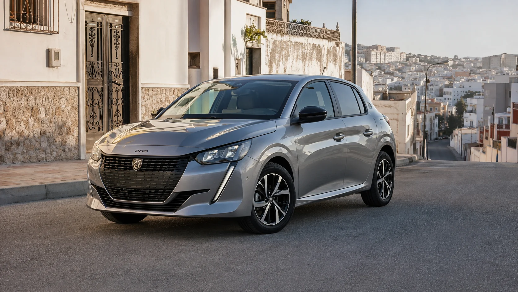 Peugeot 208 hybride de location sur une route urbaine à Tanger