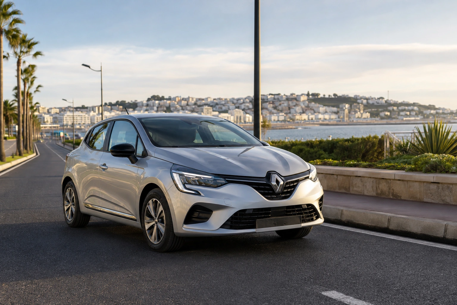 Renault Clio 5 de location sur un axe urbain de Tanger pour des déplacements depuis Al Bohayera