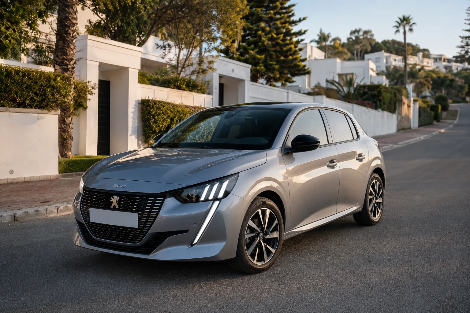 Peugeot 208 hybride de location dans le quartier de Boubana à Tanger