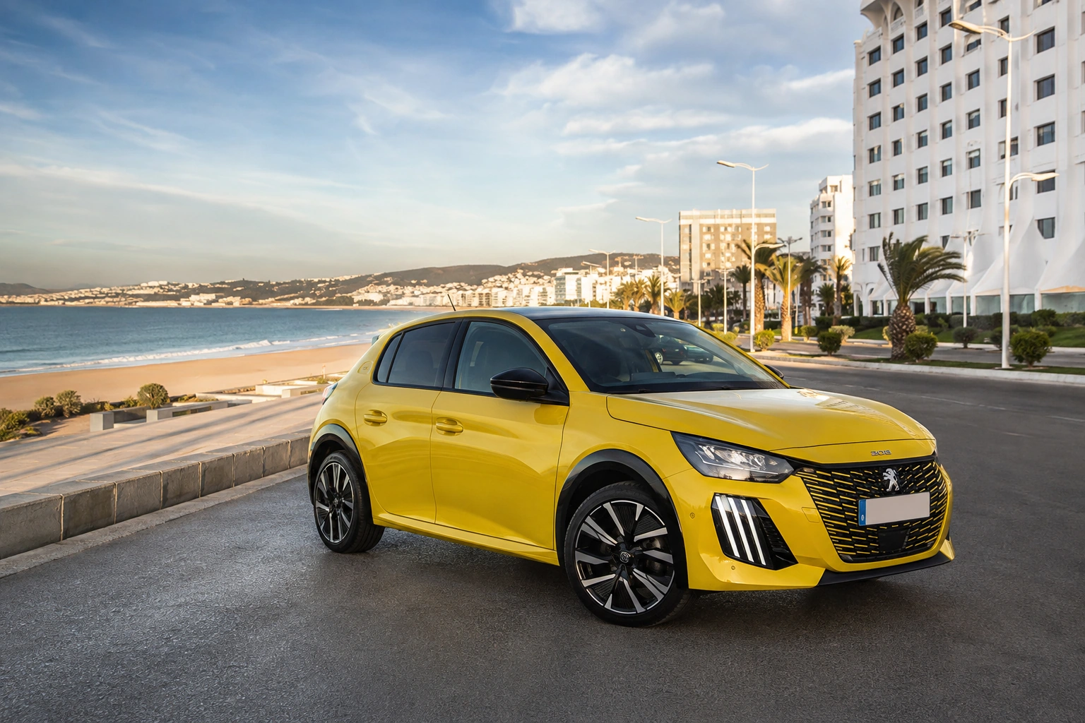 Peugeot 208 hybride de location sur le front de mer à Malabata à Tanger