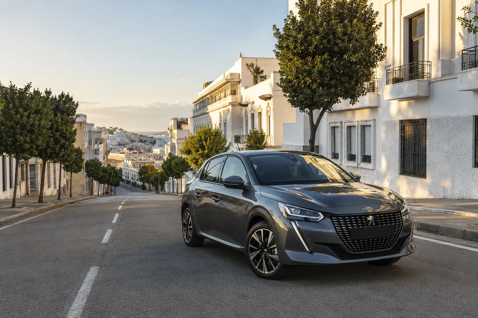 Peugeot 208 hybride de location sur une avenue de Tanger
