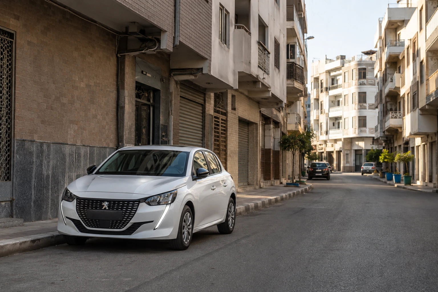 Peugeot 208 de location dans une rue d’Idrissia à Tanger
