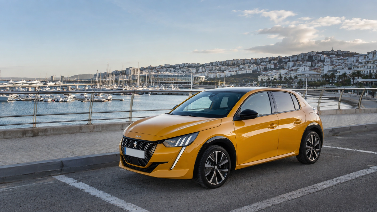 Peugeot 208 de location sur le front de mer de Tanger près de la marina