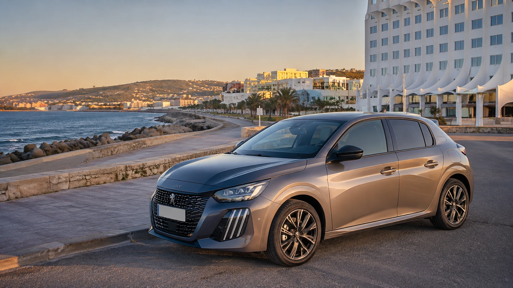 Peugeot 208 de location sur la Corniche de Tanger avant récupération du véhicule