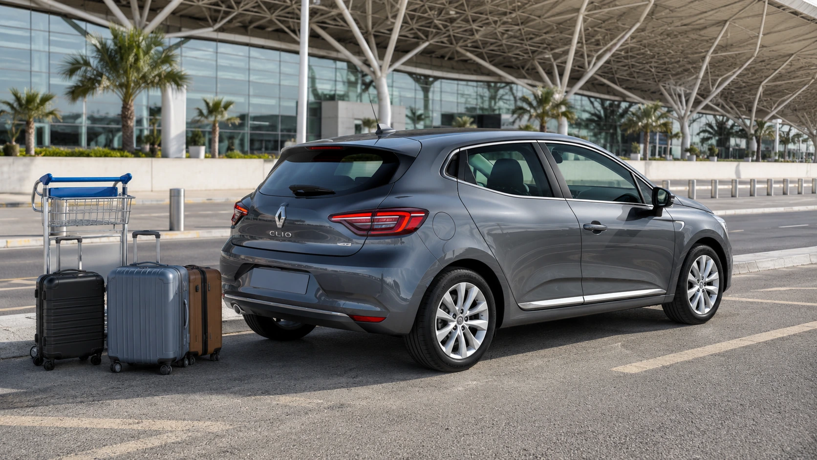 Renault Clio 5 de location avec bagages au point de remise de l’aéroport de Tanger