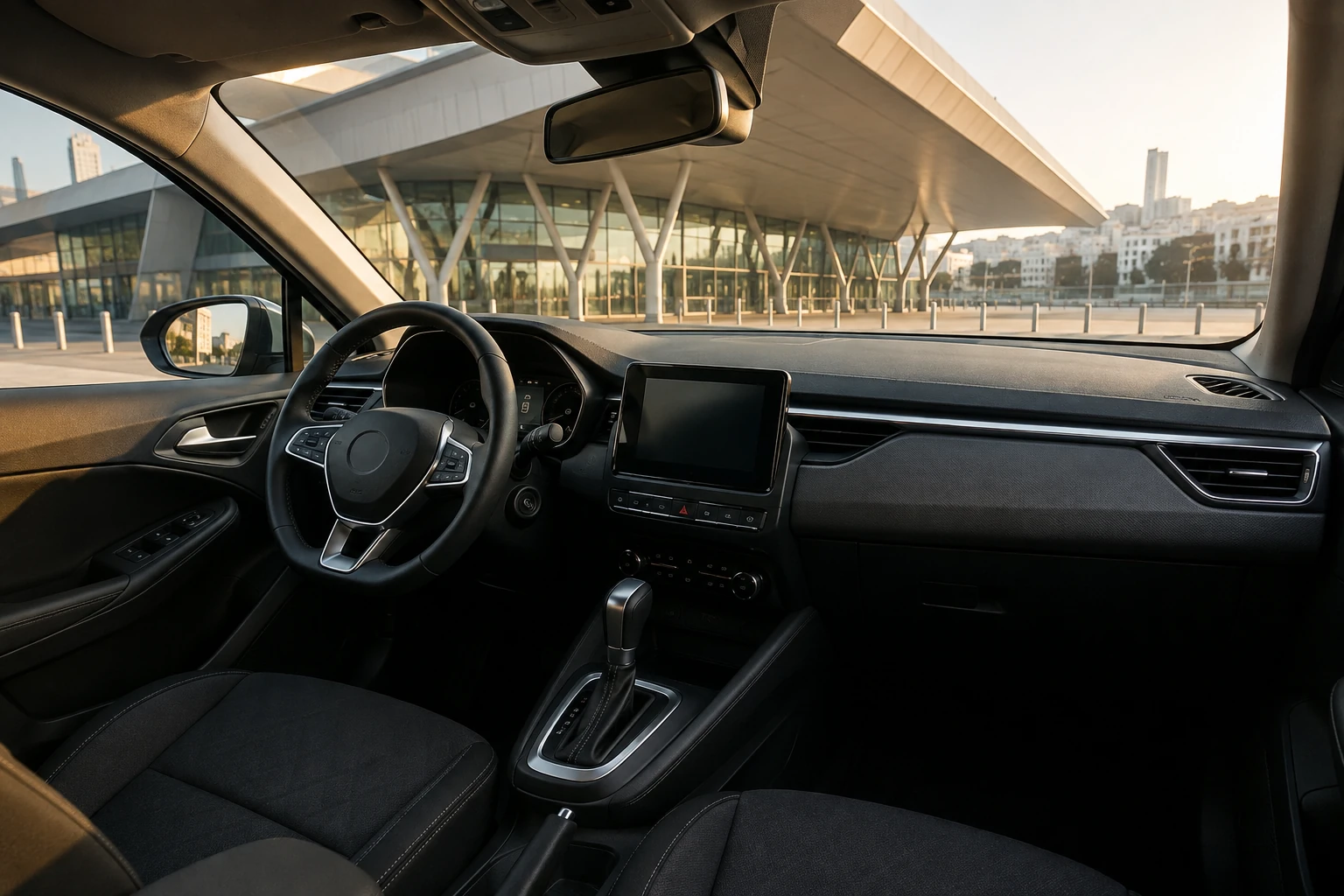 Habitacle d’une voiture automatique de location près de la Gare Tanger-Ville