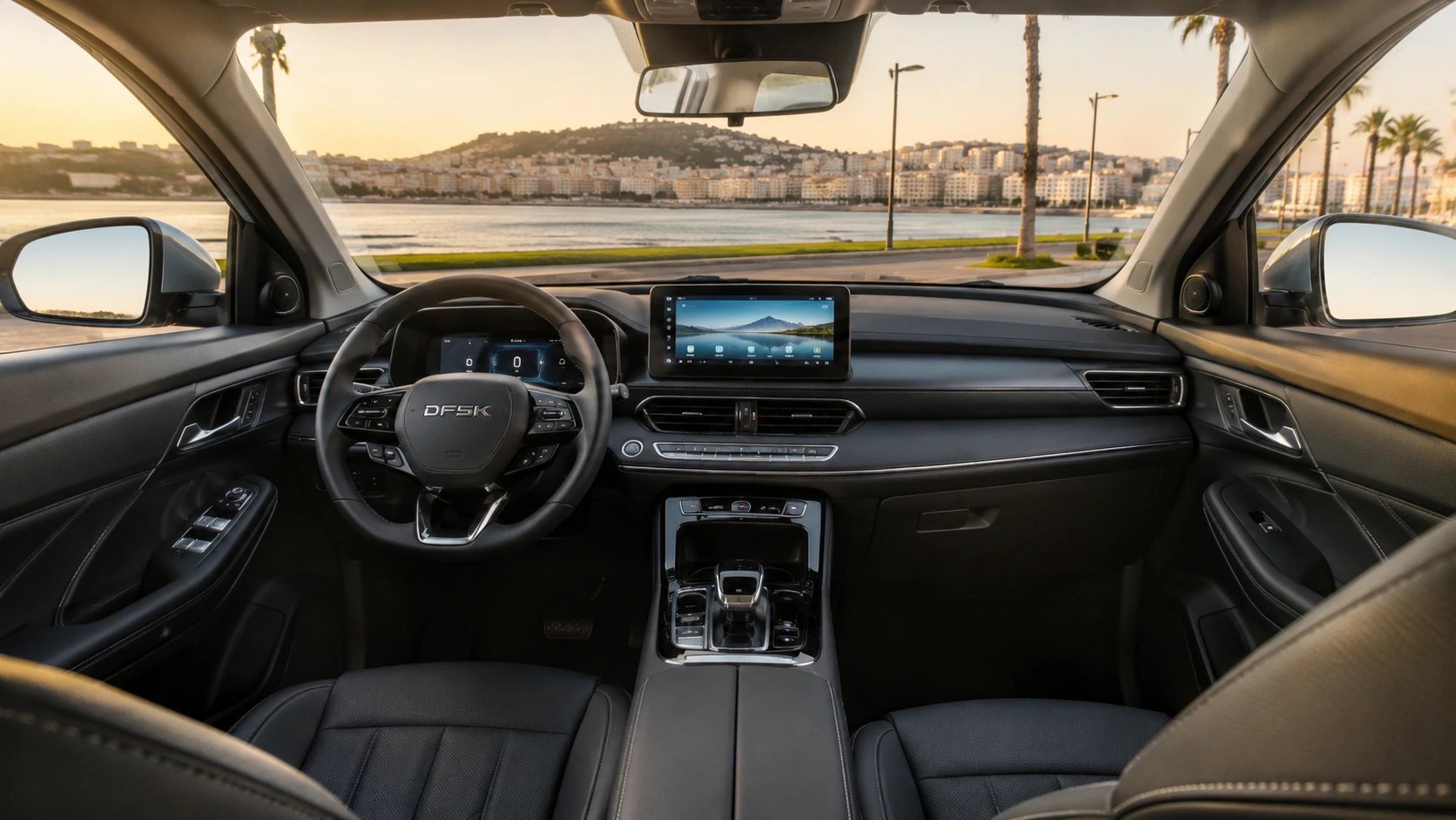 Habitacle d’une voiture hybride automatique avec vue sur Tanger